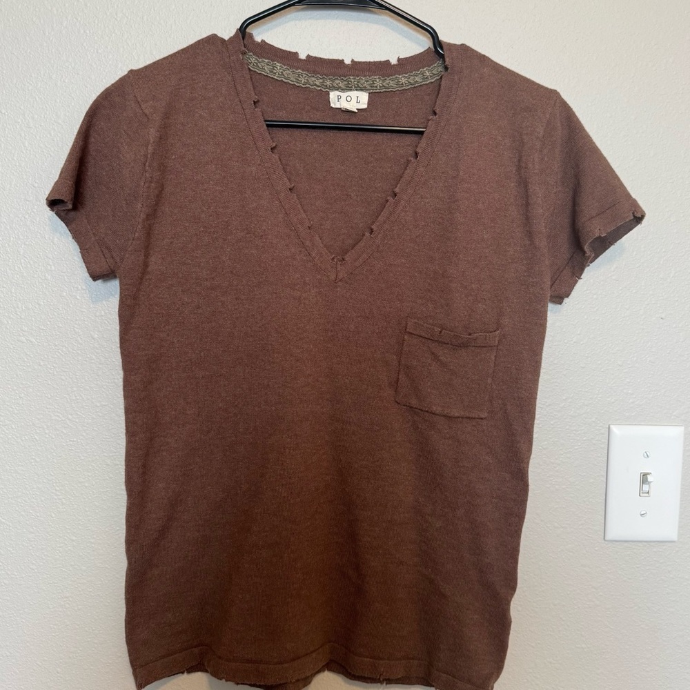 POL Brown Knit Top with Distressed Detail Size Medium